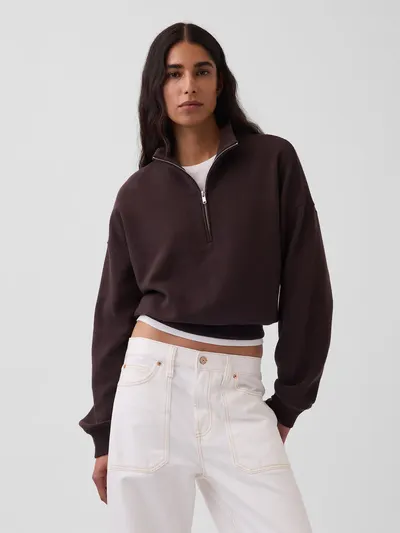 Textured Cotton Oversized Half-Zip Pullover - Terra brown