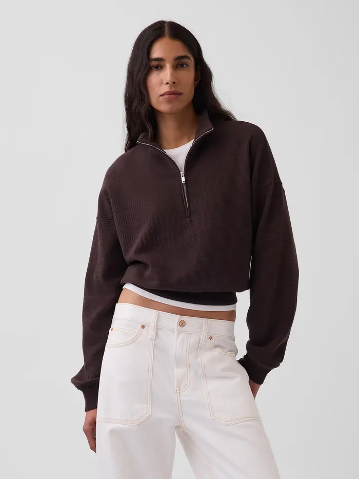 Textured Cotton Oversized Half-Zip Pullover - Terra brown
