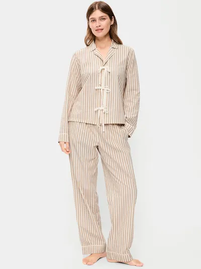 Tie-Front Poplin Pajama Pant Set - Neutral Stripe