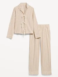 Tie-Front Poplin Pajama Pant Set - Neutral Stripe — view 3