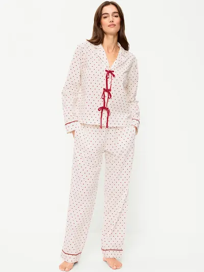 Tie-Front Poplin Pajama Pant Set - Red Polka Dots