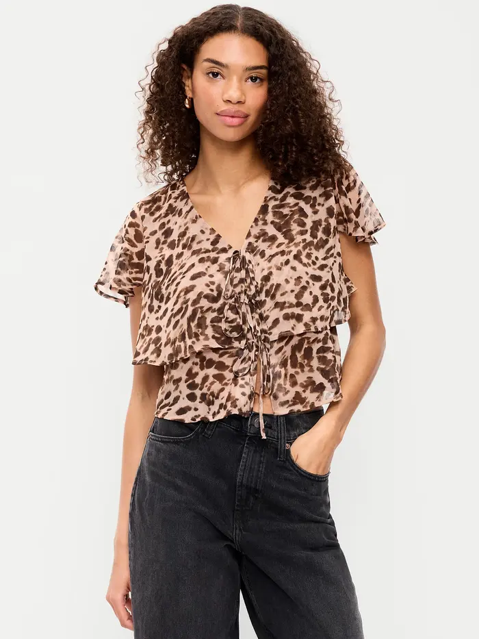 Tiered Ruffle Tie-Front Top - Animal Print