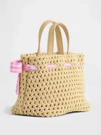 Toddler Gingham Bow Straw Bag - Beige — view 2
