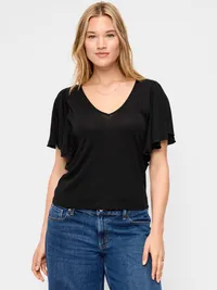 V-Neck Flutter Sleeve Top - Black Jack — view 5