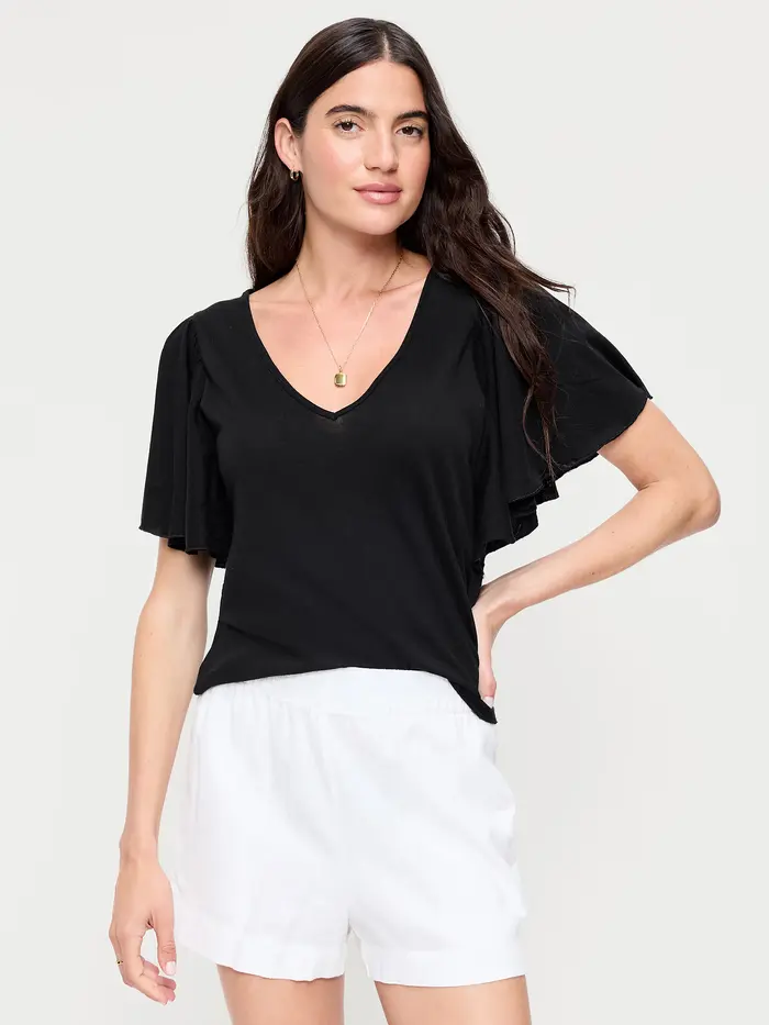 V-Neck Flutter Sleeve Top - Black Jack