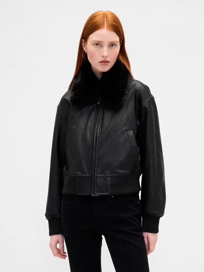 Vegan Leather Bomber Jacket - Black