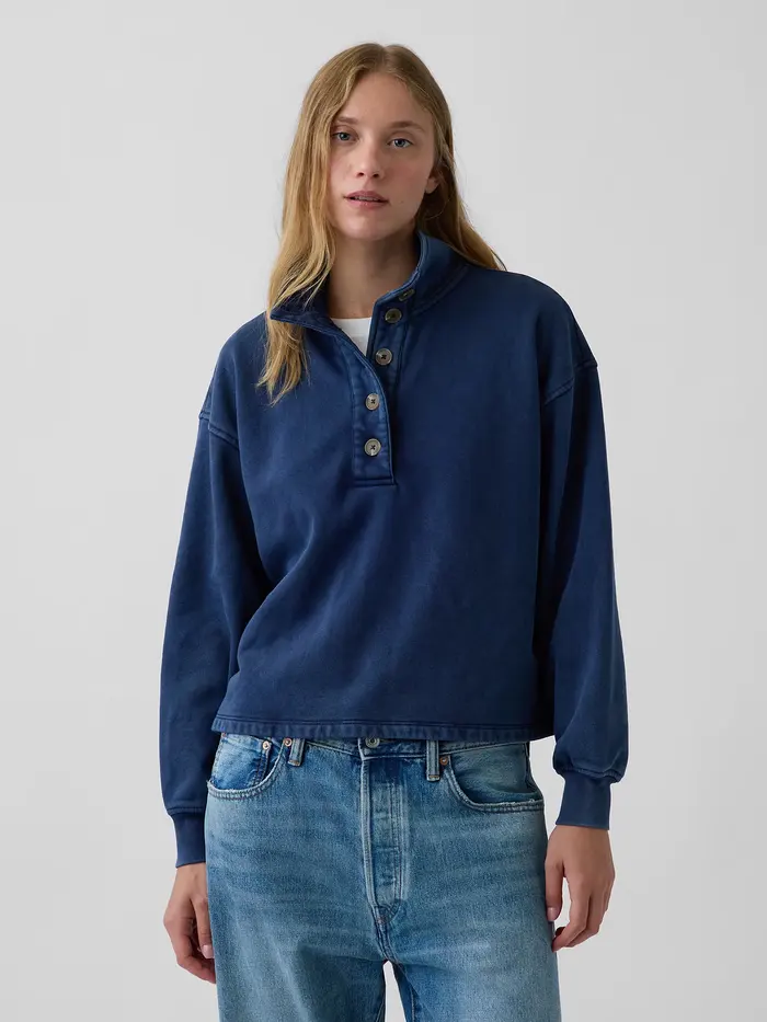 VintageSoft Oversized Henley Pullover - Tapestry navy blue wash