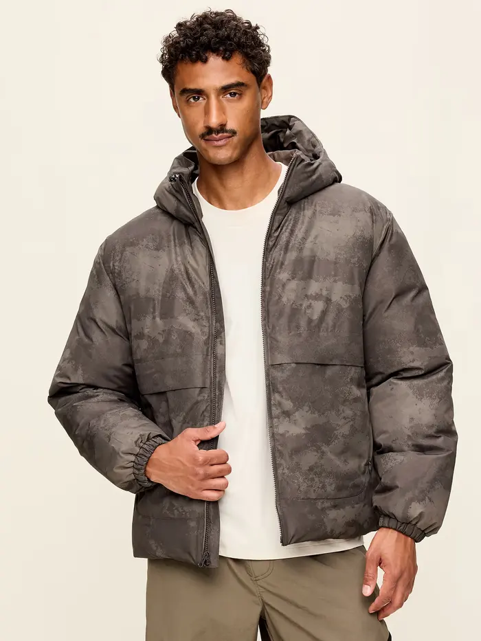 Water-Resistant Utility Puffer Jacket - Brown Print