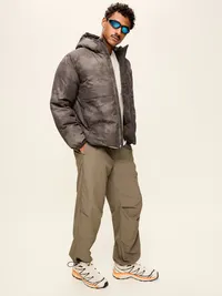 Water-Resistant Utility Puffer Jacket - Brown Print — view 3