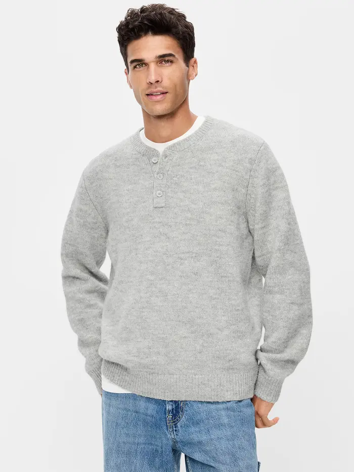 Wool-Blend Henley Sweater - Heather Gray
