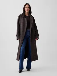 Wool-Blend Plaid Trench Coat - Brown houndstooth — view 2