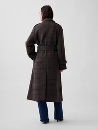 Wool-Blend Plaid Trench Coat - Brown houndstooth — view 3